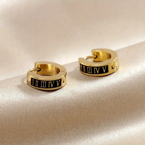 316L Surgical Steel Roman Numerals & Black Enamel Men Women Huggie Hoop Earrings